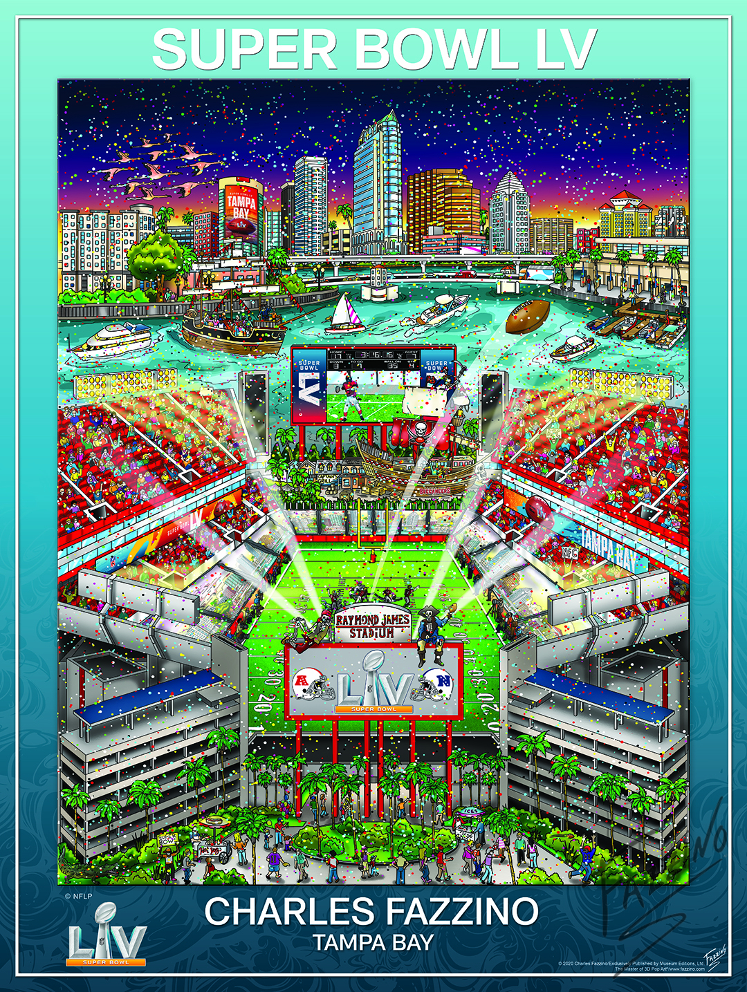 Fazzino's Super Bowl LV poster of Raymond James Stadium in Tampa, FL