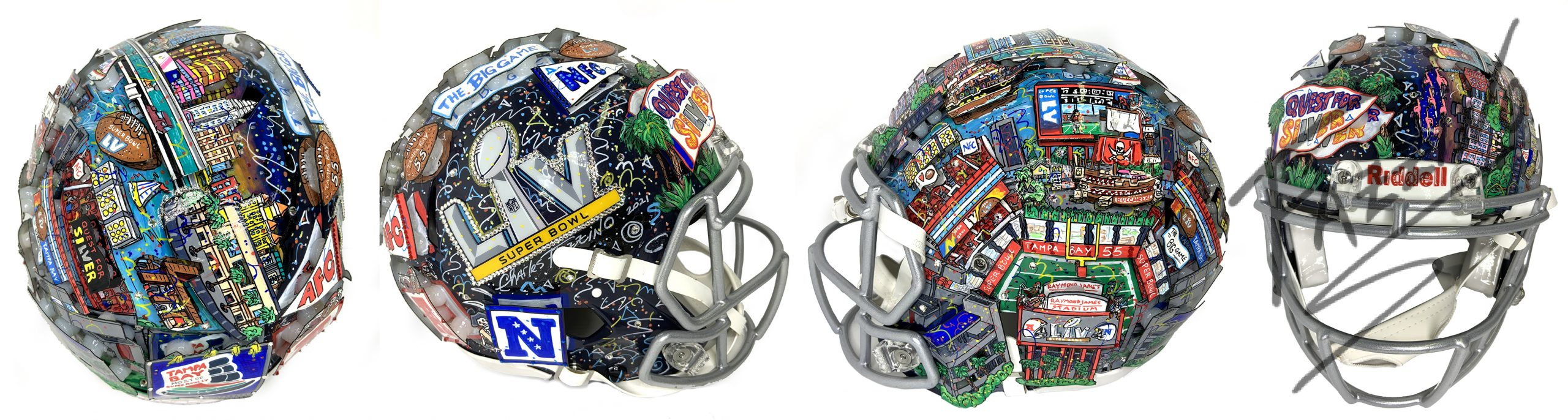 Fazzino's Super Bowl LV original hand-painted helmet from multiple views.