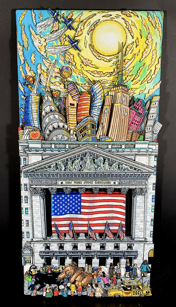 A 17" x 38" original 3D painting by Fazzino titled "The Hot NYSE"