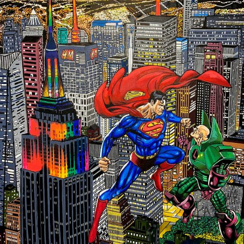 Superman fighting Lex Luthor over Manhattan cityscape