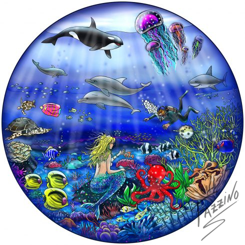 Circular pop art piece of a mermaid, whale, scuba diver and other sea creatures. 