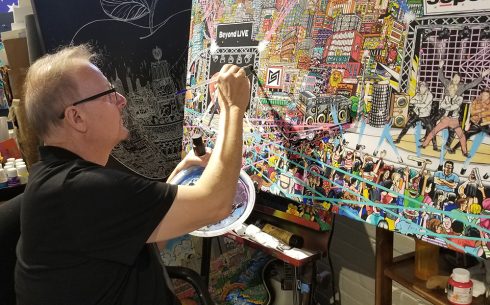 Charles Fazzino working on 3d pop art commissioned piece for SMTOWN Museum in Seoul, featuring KPOP stars SUPERM