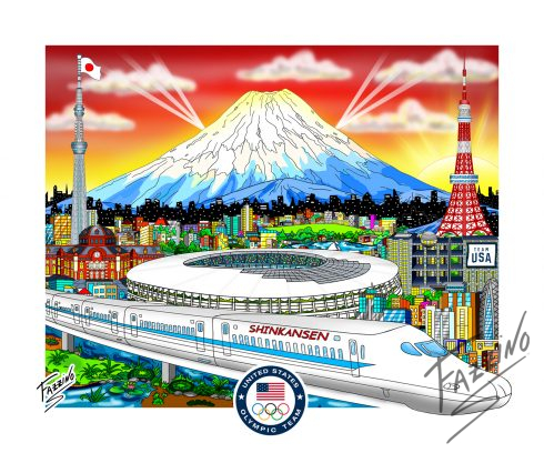 Tokyo Japan Olympics pop artwork by Charles Fazzino of Shinkansen (Japanese Bullet Train) and Mount Fuji volcano in background