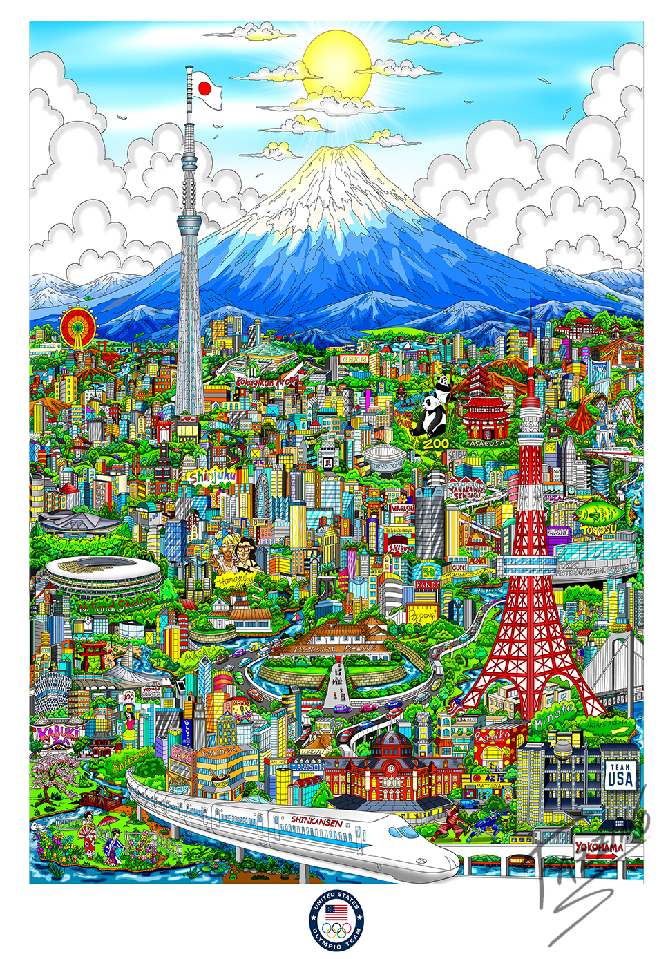 Olympic Games Tokyo 2020 - Charles Fazzino pop artwork of Olympic Games, Team USA, Mt Fuji Volcano and Shinkansen (Japanese Bullet Train) 