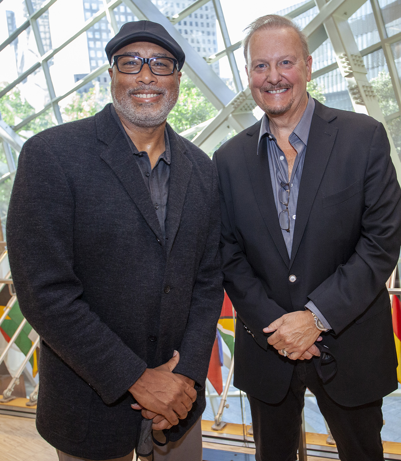 New York Yankee Alum Bernie Williams and Charles Fazzino pictures at the 20th Anniversary of 9/11 unveiling Fazzino's pop art piece titled "9/11: A Time for Remembrance, Twenty Years Later"