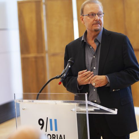 Charles Fazzino speaking at the 9/11 Memorial ceremony of 20 year anniversary of 9/11 