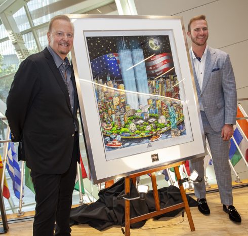 Charles Fazzino and New York Mets, Pete Alonso standing next to Fazzino's pop art memorial piece titled " 9/11: A Time for Remembrance, Twenty Years Later"