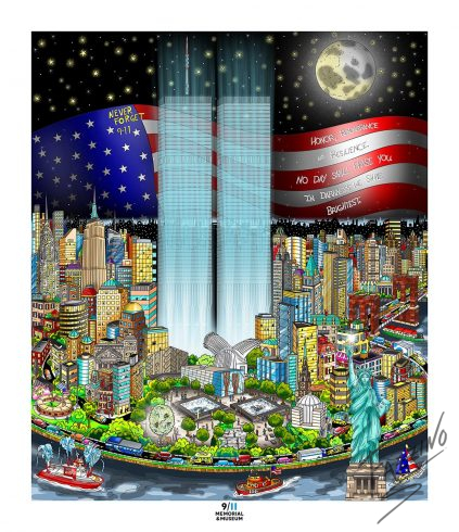 Charles Fazzino pop artwork of twin towers and New York City skyline for the 20th anniversary of 9/11 terrorist attacks. Titled 9/11: A Time for Remembrance, Twenty Years Later