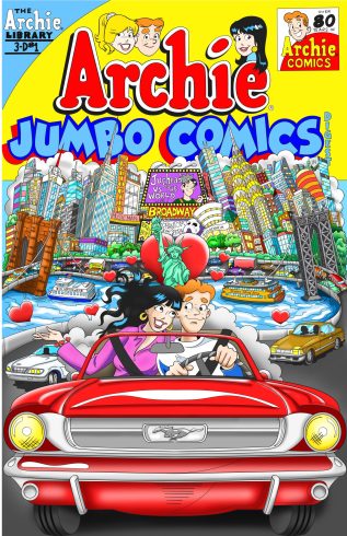Archie Comics featuring a red car with a man and women driving in front of a cityscape