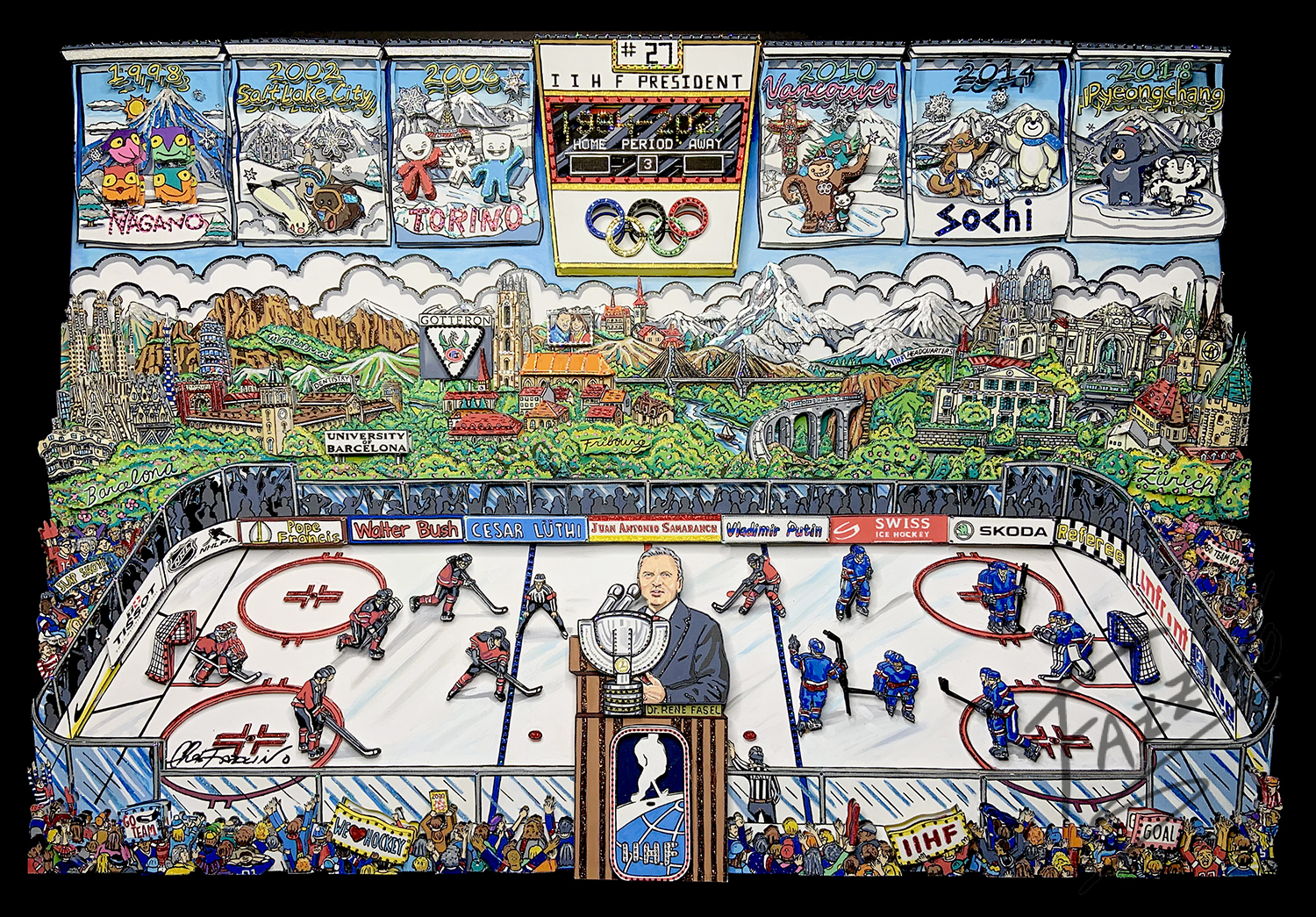 3D pop art by Charles Fazzino of a hockey rink and former President of IIHF, Dr. Rene Fasel