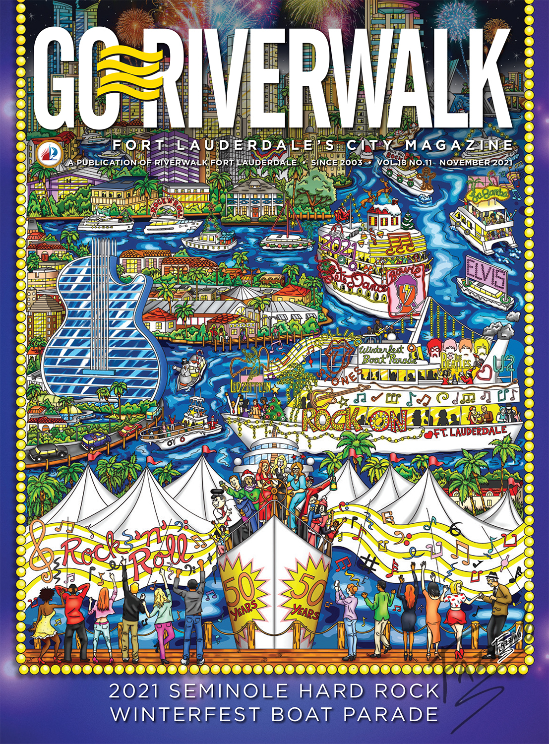 November cover of RiverWalk Magazine, Charles Fazzino Winterfest Boat Parade commissioned artwork