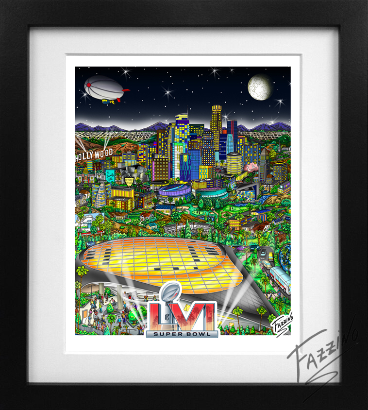 Mini print version of Super Bowl LVI with Los Angeles cityscape in the background and a football shooting out of the stadium