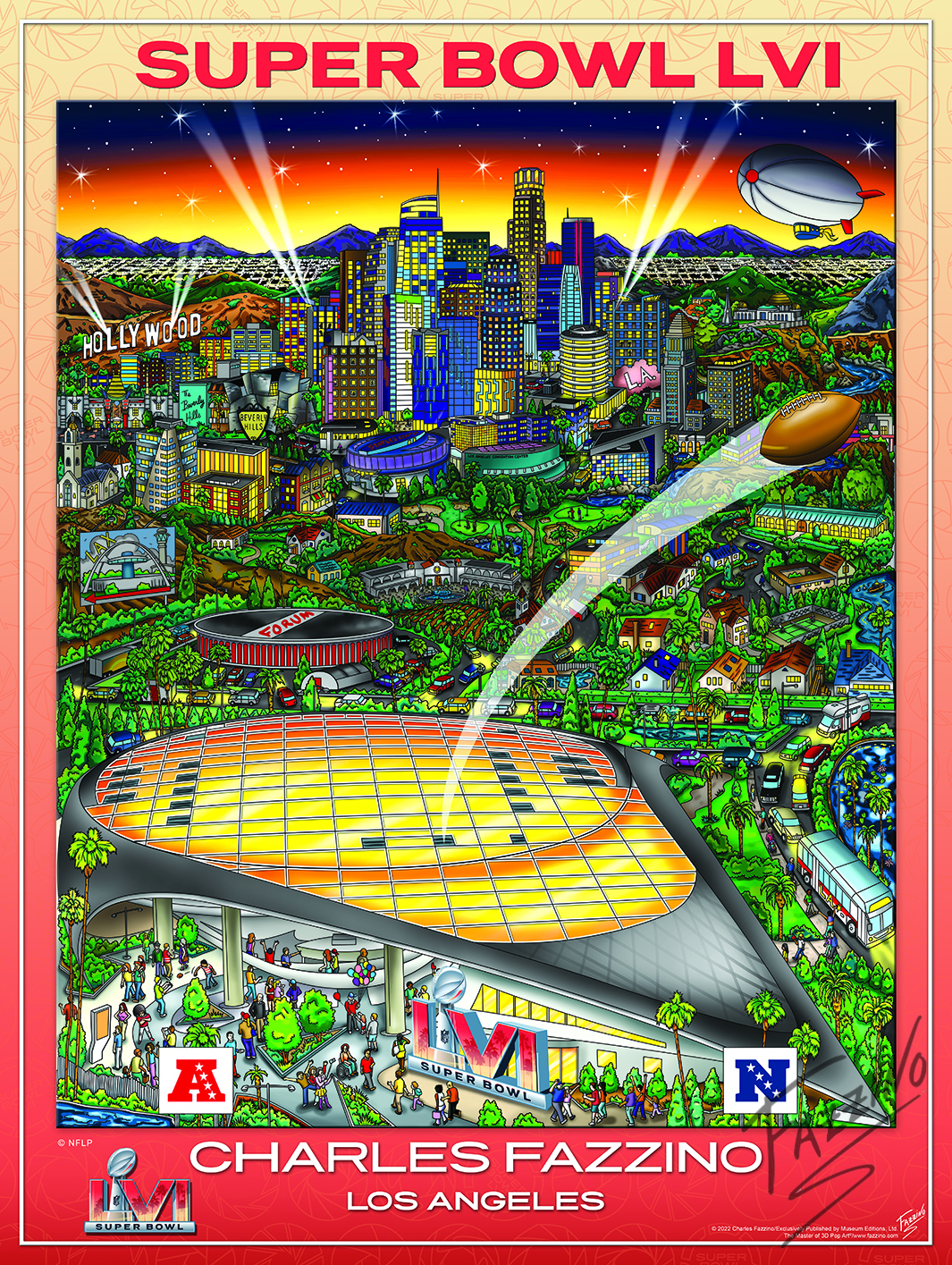 Poster ofFazzino's Super Bowl LVI artwork with Los Angeles cityscape and a football shooting out of the stadium
