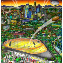 Artwork for Super Bowl 56 with final scores featuring LA cityscape, football stadium, and a football in the sky