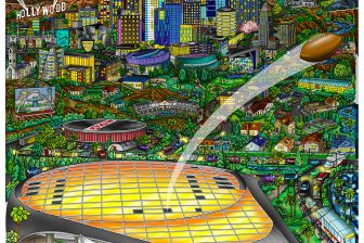 Artwork for Super Bowl 56 with final scores featuring LA cityscape, football stadium, and a football in the sky