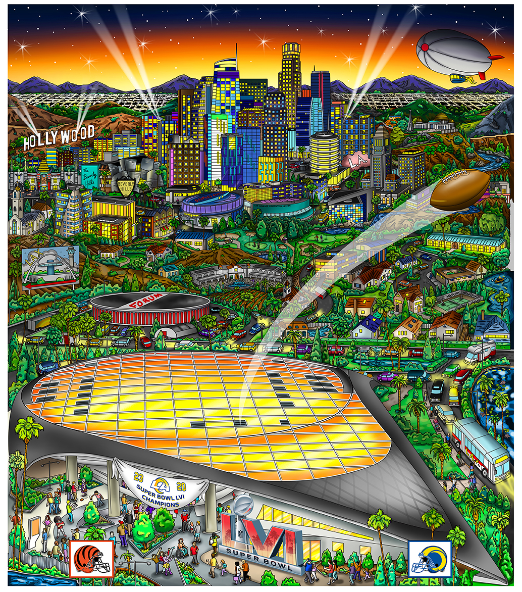 Artwork for Super Bowl 56 with final scores featuring LA cityscape, football stadium, and a football in the sky