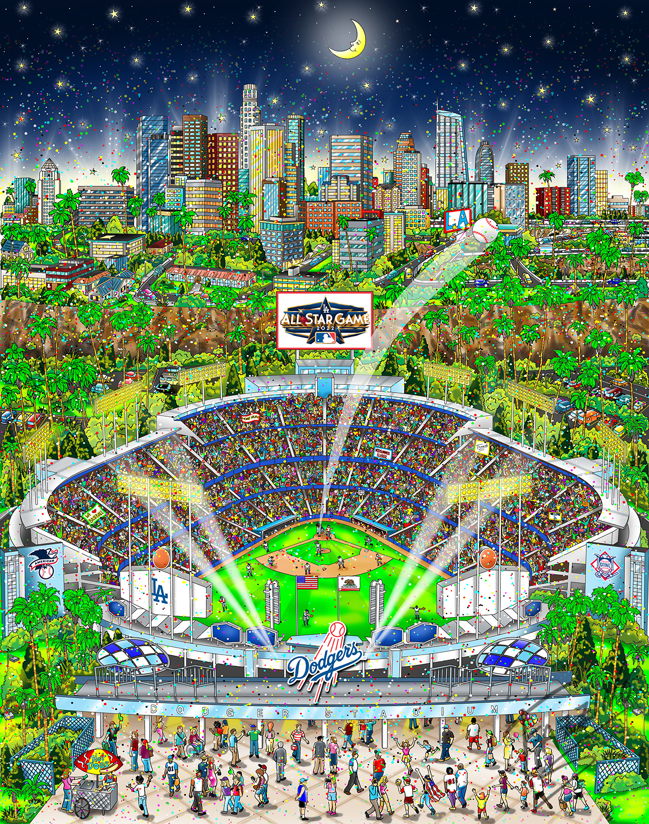 Night skyline of Los Angeles and Playball park of MLB All Star Game poster done by Charles Fazzino