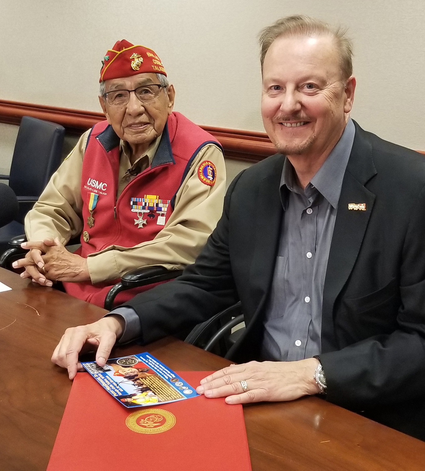 Navajo Code Talker and Navy Veteran Peter MacDonald, Sr. with Charles Fazzino at 75th Annual Toys for Tots ceremony 