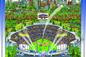 2022 All-Star Game Los ANgeles Poster Print by Charles Fazzino - Baseball shot into the sky from Dodger Stadium