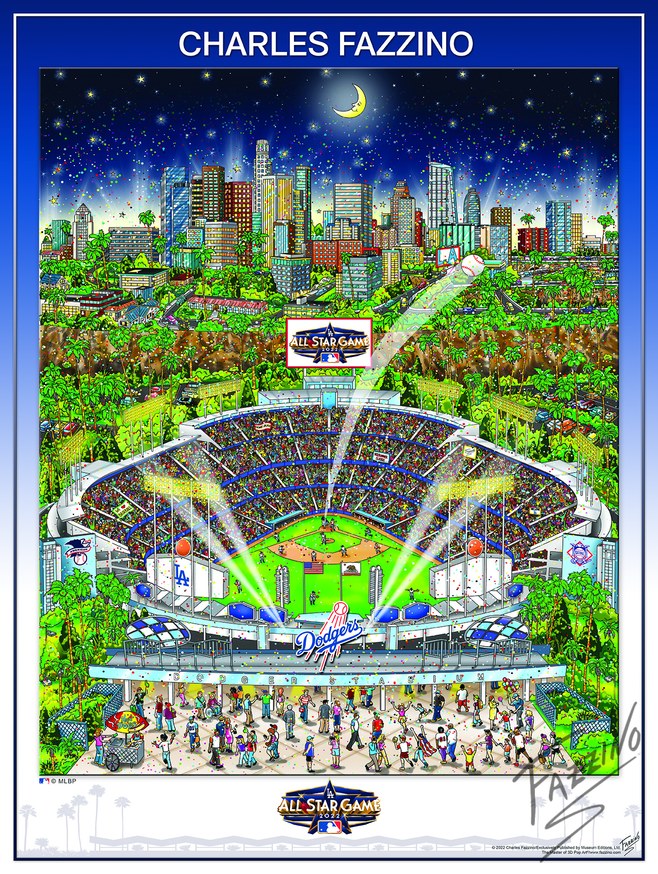 2022 All-Star Game Los ANgeles Poster Print by Charles Fazzino - Baseball shot into the sky from Dodger Stadium