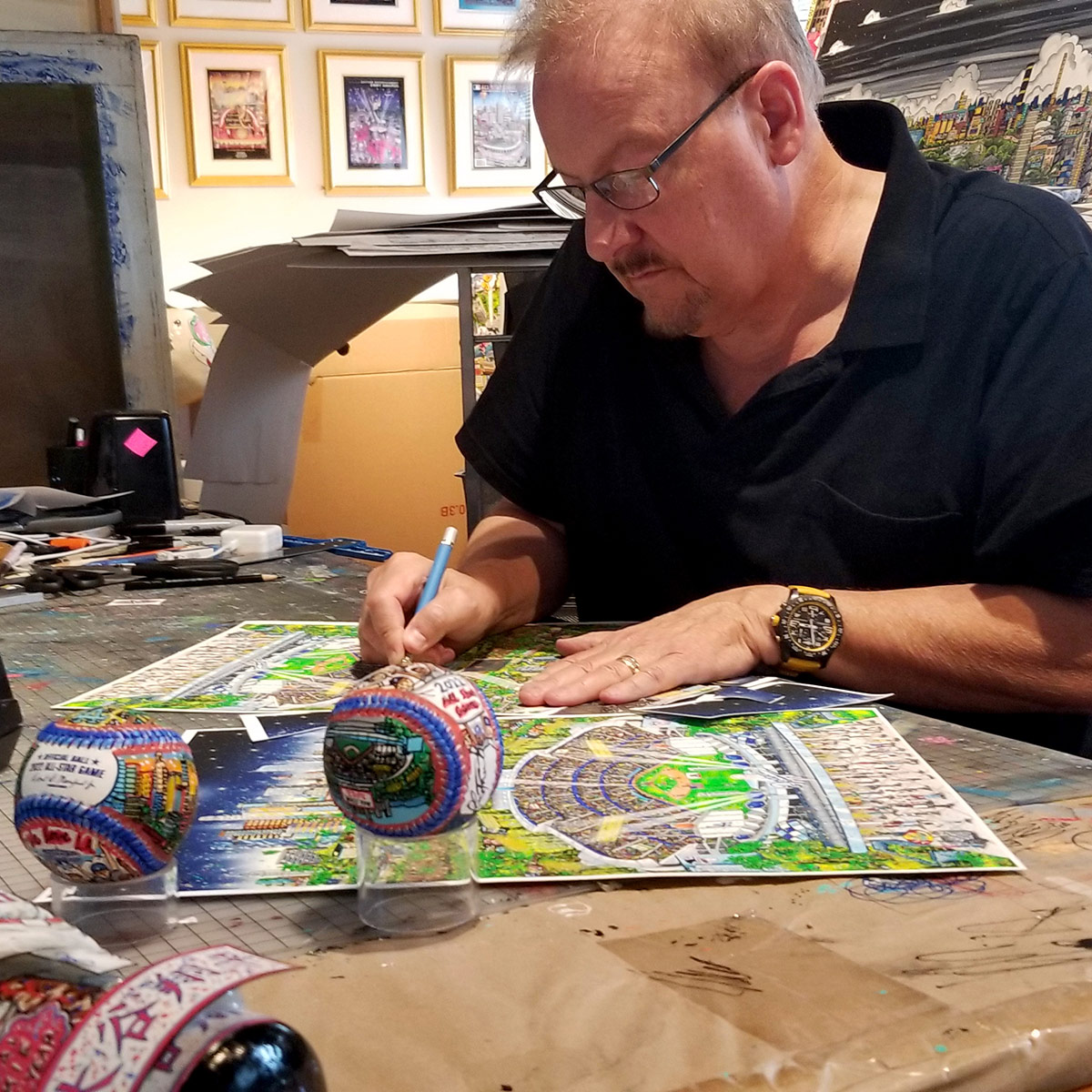 Behind the scenes of Charles Fazzino working on MLB Popart baseballs for All Stars game 2022