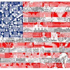 American flag made up of a collage of notable people like Marilyn Monroe, and icons like a lightbulb