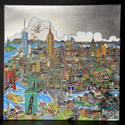 New York cityscape, featuring the river with bridges and boats, skyscrapers, and a shiny silver sky