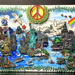 An artistic cityscape of New York City, with buildings taking up the bottom half, surrounded by the river and iconic landmarks like the statue of liberty. In the sky are details like a rainbow, moon, and birds surrounding a peace sign in the middle