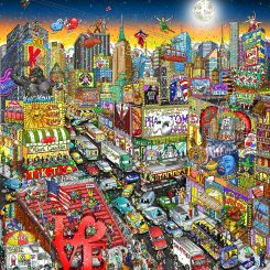 Artistic representation of broadway, featuring buildings with signs for shows including Phantom of the Opera and Lion King, with characters like Spiderman and Peter Pan above the buildings, and a glowing moon in the top right corner
