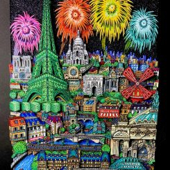 Close up of colorful fireworks over Paris with the Eiffel tower in green on the left side, a red windmill, and a collage of colorful buildings, on a black background