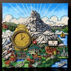 large gold rolex watch in the swiss alps, to the left of a mountain with a village along the bottom