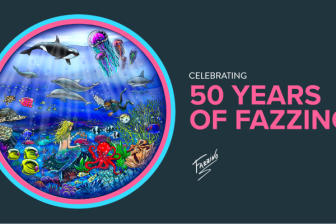 black banner with pink text stating Celebrating 50 years of Fazzino, with a round image to the left featuring an underwater scene with jellyfish, dolphins, a whale, octopus and a mermaid