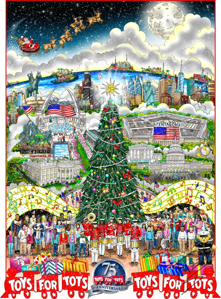 Toys for Tots 75th anniversary print, featuring a large Christmas tree in the center, surrounded at the base by carolers, with scenes from DC and NYC in the top half, and Santa and his reindeer flying towards the moon