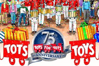 A close up of the Toys for Tots train logo, with 75th anniversary in the center