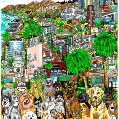 Art piece of LA, featuring iconic buildings and palm trees, with a group of dogs of all different breeds at the bottom
