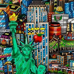 Painted skateboard, featuring popular New York City sights, like the statue of liberty, and many sky scraper buildings