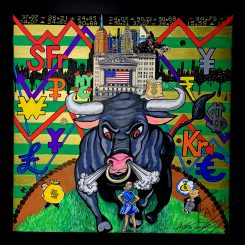 Art piece of a large black bull, facing off with a girl in a blue dress. The background features wallstreet buildings, and currency symbols from around the world