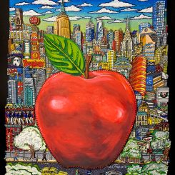 Art piece of a large apple, with New York City skyscrapers in the background