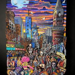 Art piece of Halloween in Greenwich village, featuring a crowd in costume under a full moon in the night sky
