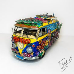 3D VW bus, featuring Hawaiian themed decorations, including the word "Mahalo" and tropical flowers