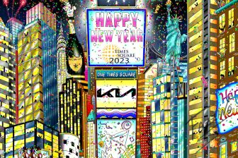 Close up of an art piece of New Years Eve in Times Square, featuring iconic NYC buildings and confetti falling from the sky