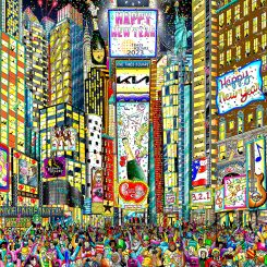 Art piece of Times Square on New Year's Eve, featuring a crowd of people amidst sky scrapers, with fireworks in the night sky