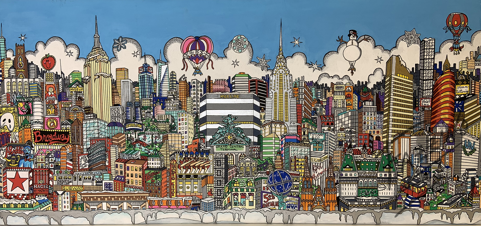 A wintry frozen New York City, with a collage of buildings and snowman balloon floating above