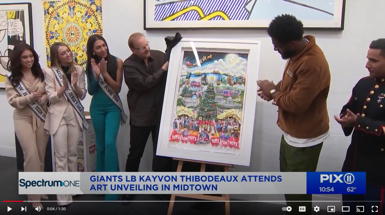 Fazzino unveiling the artwork for Toys for Tots alongside Giants Kayvon Thibodeaux, Miss NY, and more