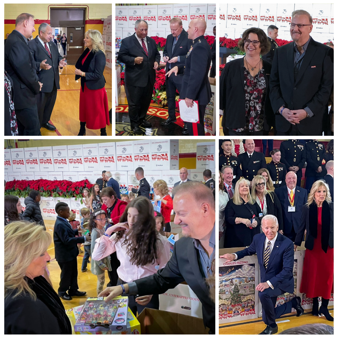 Top left: Charles Fazzino, SECNAV Carlos Del Toro, and First Lady Dr. Jill Biden | Top middle: SECNAV Carlos Del Toro, Charles Fazzino, General David Bellon | Top right: Charles Fazzino and Suzi Kelly | Bottom left: First Lady Dr. Jill Biden and Charles Fazzino | Bottom right: POTUS Joe Biden and First Lady Dr. Jill Biden