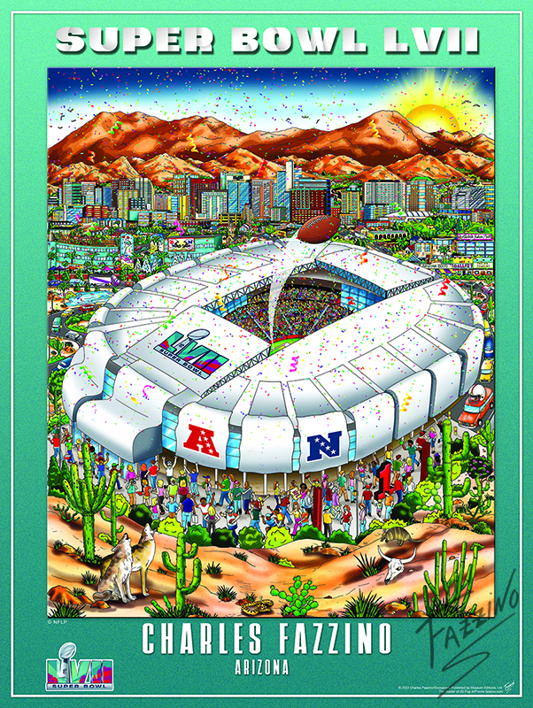 original Charles Fazzino art piece commemorating super bowl lvii set in a teal frame, featuring a silver-white football stadium with a football coming out of the top, surrounded by people in a desert setting