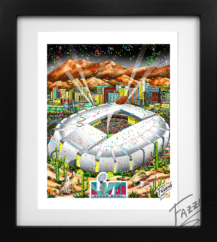 framed original Charles Fazzino art piece commemorating super bowl lvii, featuring a silver-white football stadium with a football coming out of the top, surrounded by people in a desert setting