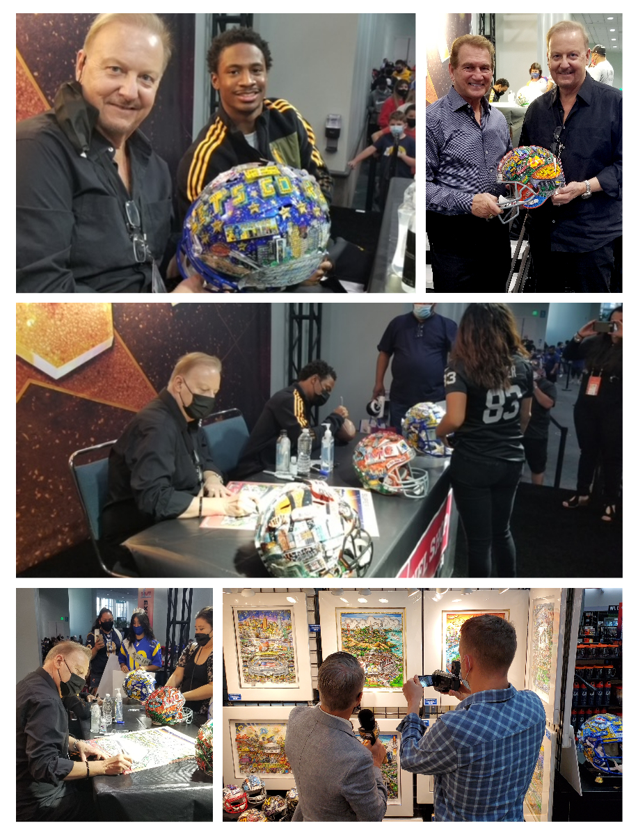 collage of photos of Charles Fazzino from Super Bowl LVI in Los Angeles