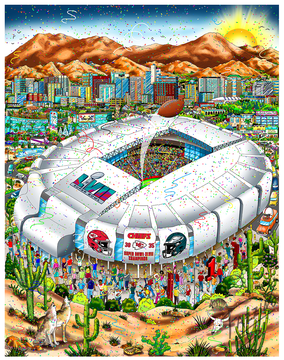 The official Super Bowl LVII Artwork with Final Score