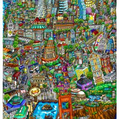 Fazzino's art piece, "Shakin' & Bakin' in San Francisco," a slightly curvy painting of the city